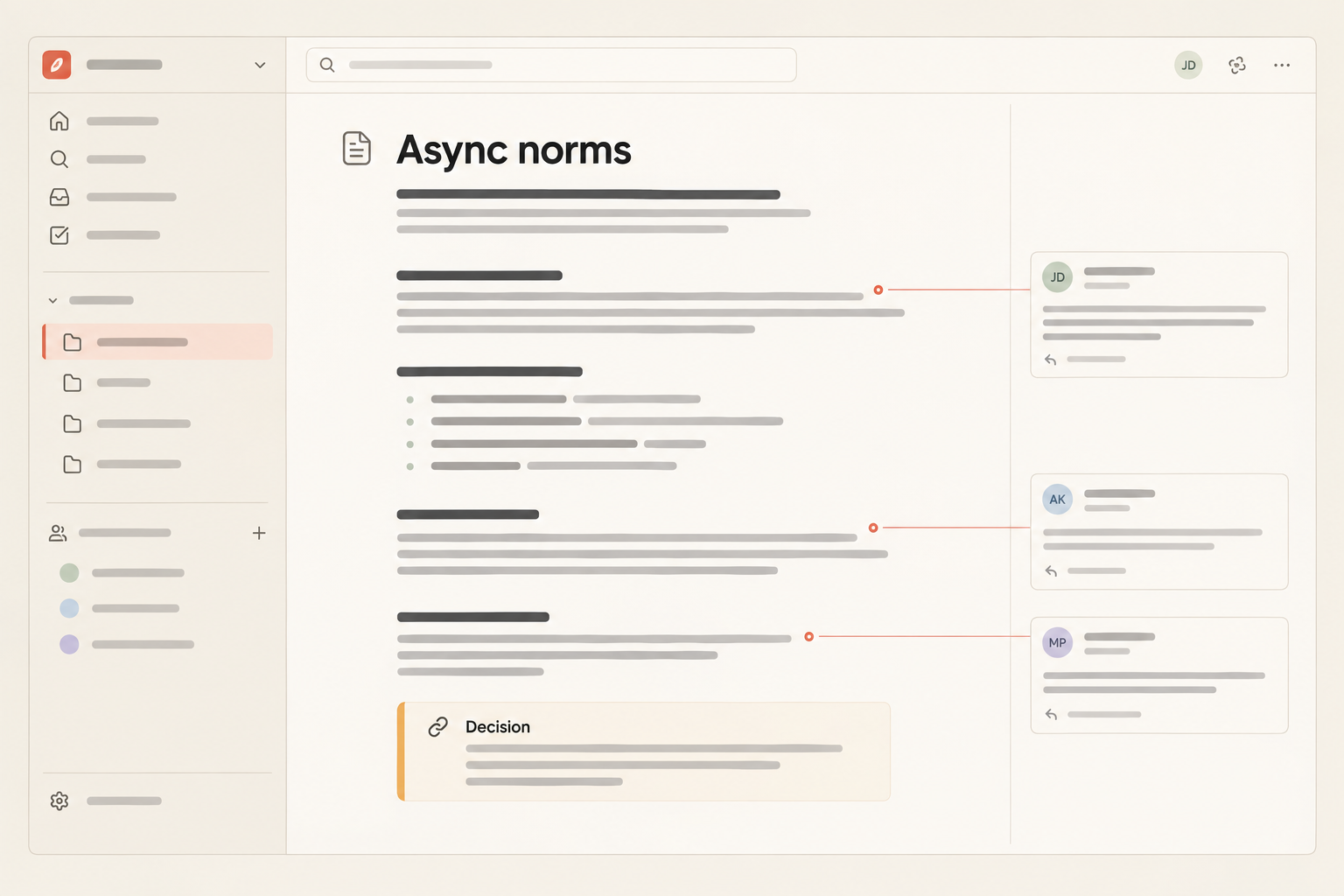 Editorial illustration of an async working agreement on a warm Notework project page, with comments anchored to specific clauses and a nearby decision note.