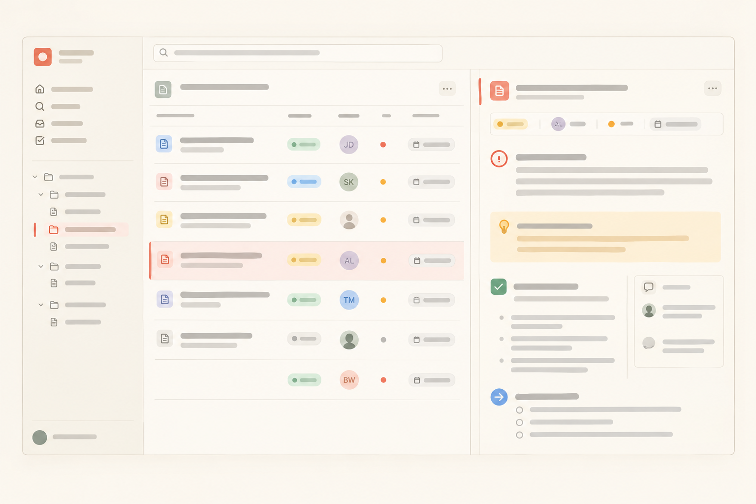 Editorial illustration of a warm Notework-style workspace showing a maintained backlog collection in a table beside the expanded page for one selected backlog item, including matching properties, structured notes, and a comment anchored to a specific block.