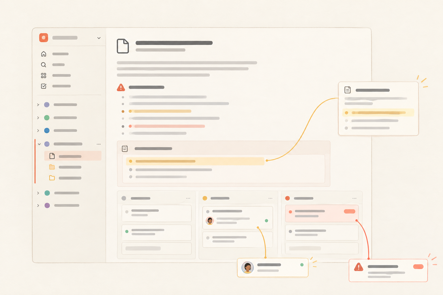 Editorial illustration of a project premortem page in a Notework-style workspace, with selected findings connected to a plan update, an owned task, and an active issue board card.