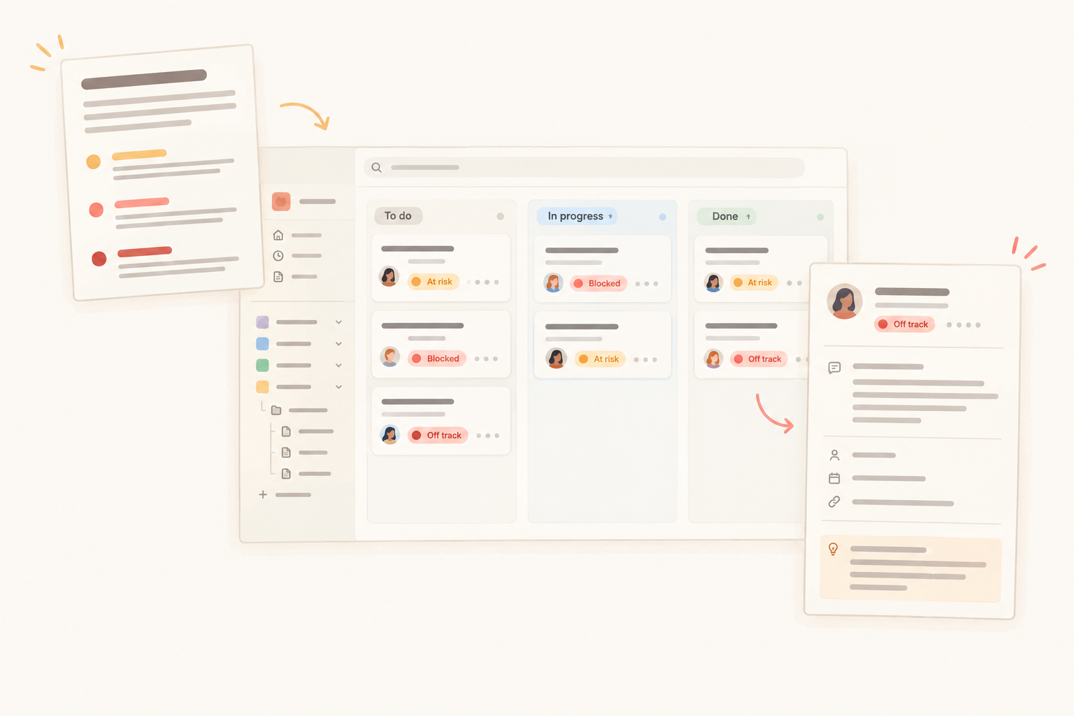 Editorial illustration of a Notework project board connected to a project-health definitions page and an open project entry with contextual details.
