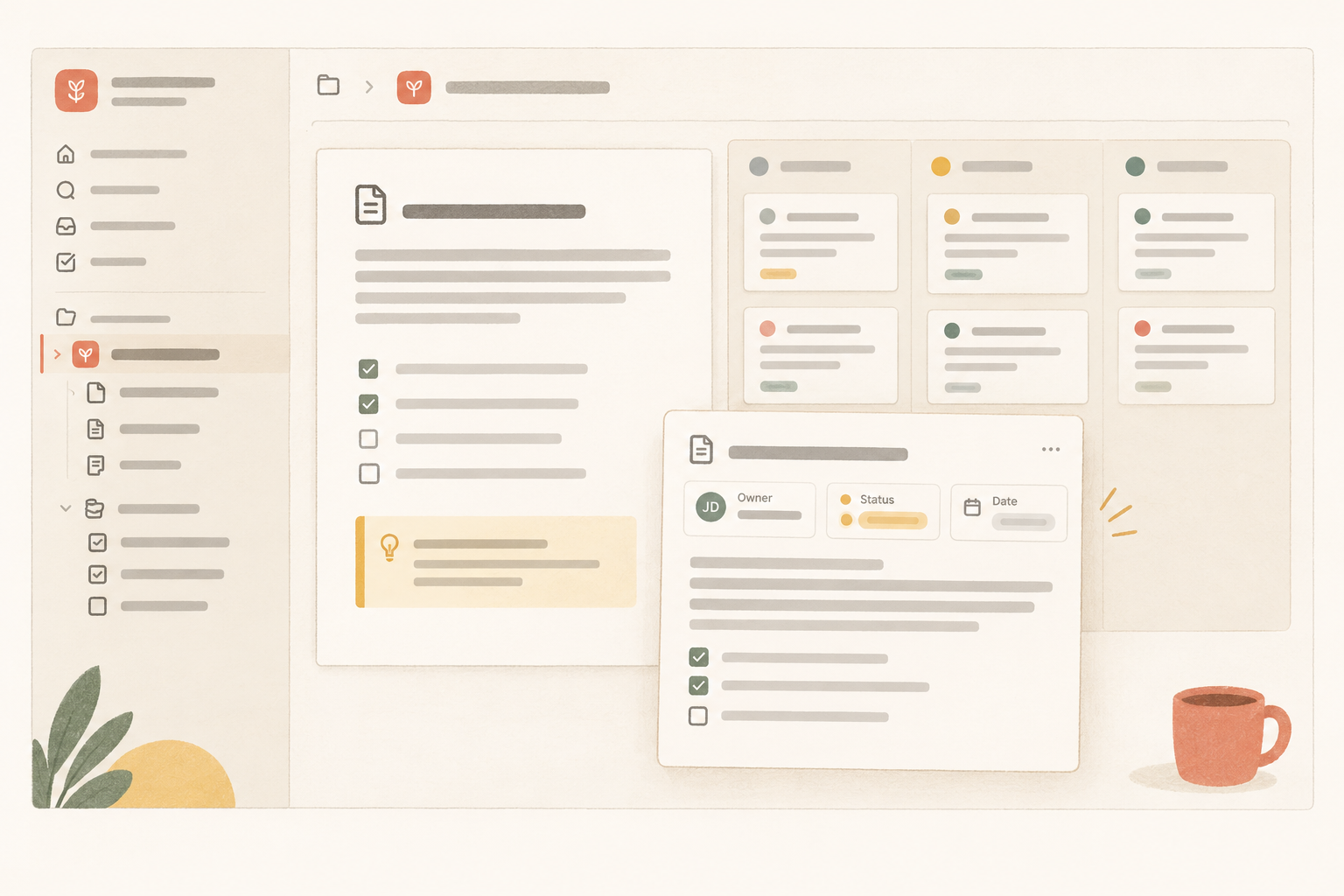 Editorial illustration of a Notework project containing a readiness page, supporting notes, and a task or issue board, with one entry page showing owner, status, and date properties.