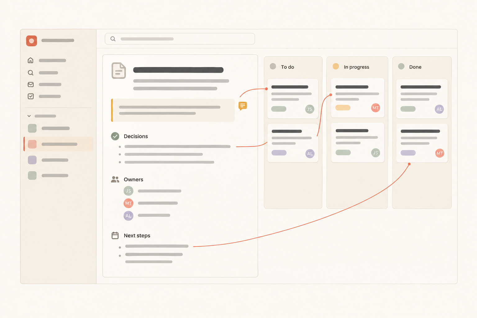 Editorial illustration of a meeting recap page beside a three-column task board, showing decisions connected to owned follow-up work within one project.