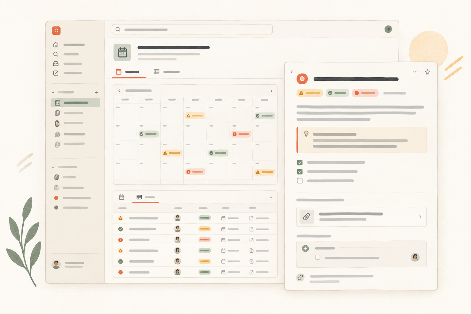 Illustrated Notework collection showing the same operational deadlines in calendar and table views, with one deadline opened as a detailed instruction page.