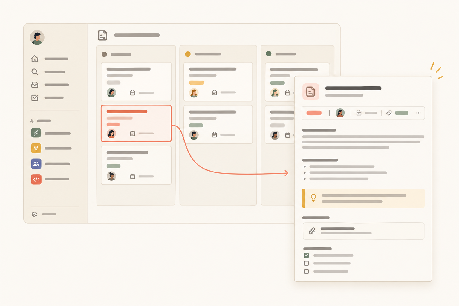 Illustrative Notework issue board with one selected card opening into a detailed entry page containing properties and structured documentation.