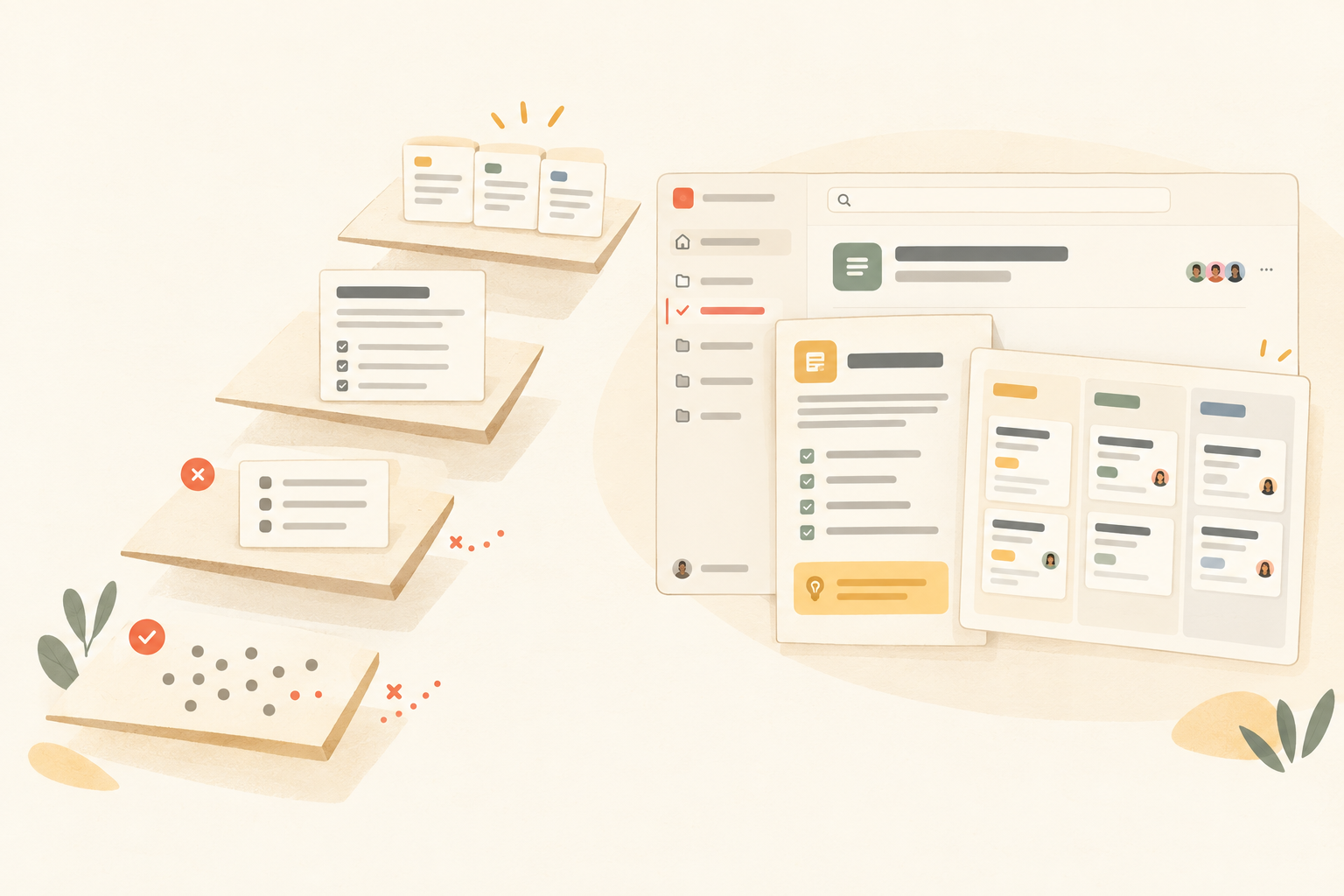 Editorial illustration of a four-step process ladder beside a warm Notework project containing a process page and a board of repeated process entries, with a coral checkpoint marking the lightest structure that fixes the failure.