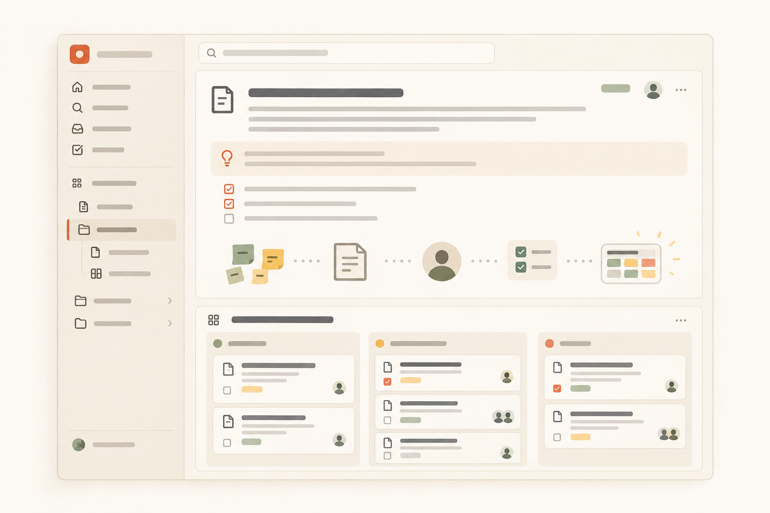 Illustrative Notework project showing a process page, an owner and checklist progression, and a nearby board of recurring entry pages.